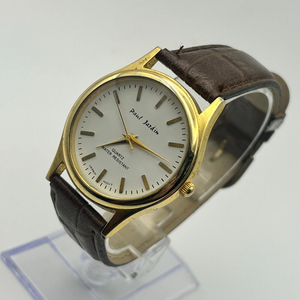 Paul Jardin Gold Tone Case White Dial Brown Leather Strap Quartz Watch Working